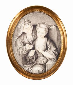 MINIATURA - Cm 9x7 (ovale) XVIII secolo  su carta  raffigurante un maestro che insegna ad una fanciulla a infilare le perle.  [..]