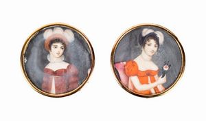 LOTTO DI DUE MINIATURE - Diam. cm 6 Inizi XIX secolo  su avorio  raffiguranti due ritratti femminili in costume