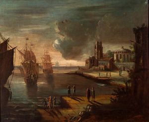 ANTONIANI PAOLO MARIA (Attribuito) 1735-1807 - Marina con figure e velieri