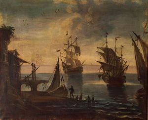 ANTONIANI PAOLO MARIA (Attribuito) 1735-1807 - Paesaggio con galeoni