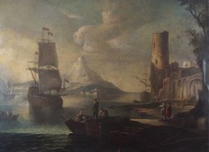 ANTONIANI PAOLO MARIA (Attribuito) 1735-1807 - Veduta marina con velieri e figure