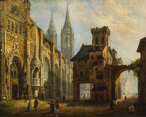 DAUZATS ADRIEN (attribuito) Bordeaux 1804-1868 Parigi - Veduta di cattedrale