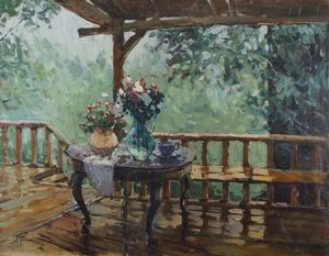 GERASIMOV ALEKSANDR Micurinsk 1881 - 1963 Mosca - Vasi di fiori in veranda 1935