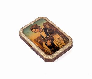 SCATOLA DA CUCITO - Cm 15x20 XIX secolo  in legno dipinto con donna in costume. Sttrumenti per il cucito in argento. Difetto alla  [..]