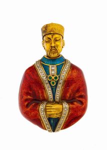 SCULTURA - Peso gr 55 7 Cm 6x4 in oro giallo  raffigurante un dignitario di corte cinese  a mezzo busto  in costume tipico;  [..]