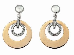 COPPIA DI ORECCHINI - Peso gr 3 4 in oro bianco  con cerchi concentrici in oro rosa. Piccoli diamanti taglio brillante a decoro per  [..]