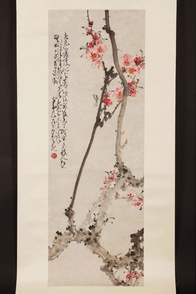 Dipinto su carta raffigurante rami di ciliegio in fiore ed iscrizione, artista Zhao Shao'ang, inizio XX secolo  - Asta Fine Chinese Works of Art - Associazione Nazionale - Case d'Asta italiane