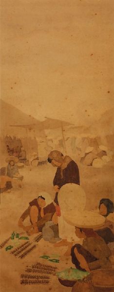 Dipinto su carta incorniciato raffigurante contadine, Vietnam, XX secolo  - Asta Fine Chinese Works of Art - Associazione Nazionale - Case d'Asta italiane
