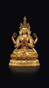 Figura di Amitayus in bronzo dorato seduto su doppio fiore di loto, Tibet, XVIII secolo  - Asta Fine Chinese Works of Art - Associazione Nazionale - Case d'Asta italiane
