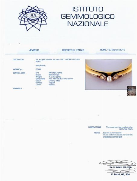 BRACCIALE RIGIDO IN ORO 24KT CON PERLA NATURALE  - Asta GIOIELLI - Associazione Nazionale - Case d'Asta italiane
