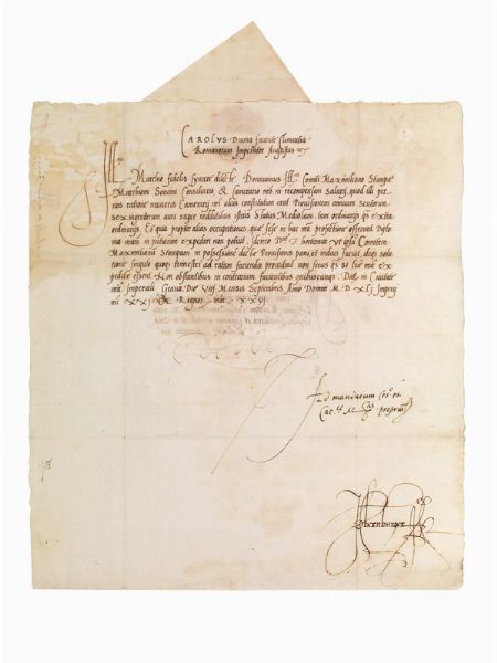 CARLO V DASBURGO (1500-1558). Lettera su carta, 322 x 285 mm circa, in  - Asta ARCADE | Argenti, libri, porcellane e maioliche - Associazione Nazionale - Case d'Asta italiane