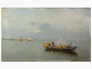 Pietro Fragiacomo - Laguna veneziana con barche e pescatori