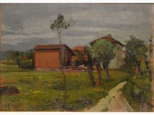 Domenico De Bernardi - Paesaggio con scorcio di case 1927