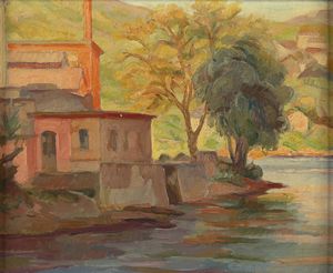 NINO BERTOLETTI<br>Roma, 1889 - 1971<br> - Casa rossa sul fiume