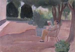 ALBERTO ZIVERI <br>Roma, 1908 - 1990 - Uomo che legge nei giardini di Villa Borghese