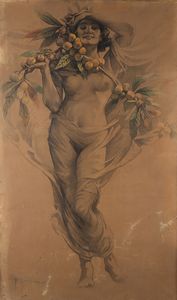 ANDREA PETRONI<br>Venosa, 1863 - Roma, 1943 - Nudo di donna con decorazioni floreali e frutti