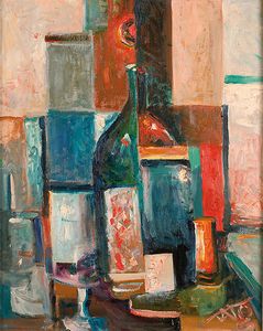 TATO (GUGLIELMO SANSONI)<br>Bologna, 1896 - Roma, 1974 - Natura morta di bottiglie e bicchieri, 1949