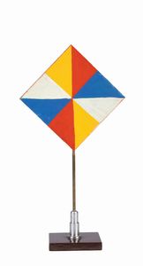 GIACOMO BALLA<br>Torino, 1871 - Roma, 1958<br> - Segnaposto - Motivo geometrico a triangoli giallo rosso blu (recto e verso), Anni '30