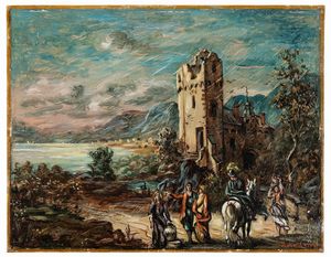 De Chirico Giorgio - Paesaggio Romantico con cavaliere e personaggio, inizi anni '50