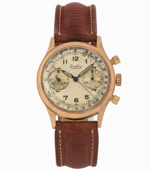 Breitling : Breitling, Premier, Ref. 777. Raro, orologio da polso, cronografo, in oro rosa 18K. Realizzato nel 1940 circa  - Asta Orologi da Polso e da Tasca - Associazione Nazionale - Case d'Asta italiane