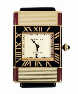 CARTIER - CARTIER, France, modello Ghigliottina. Raro, orologio da borsetta, in oro e smalti. Realizzato nel 1930 circa