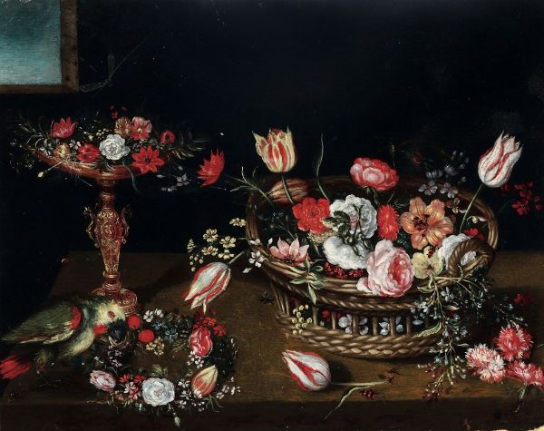 Jan Van Kessel : Cesto e alzata di fiori con pappagallino  - Asta Dipinti Antichi - Associazione Nazionale - Case d'Asta italiane