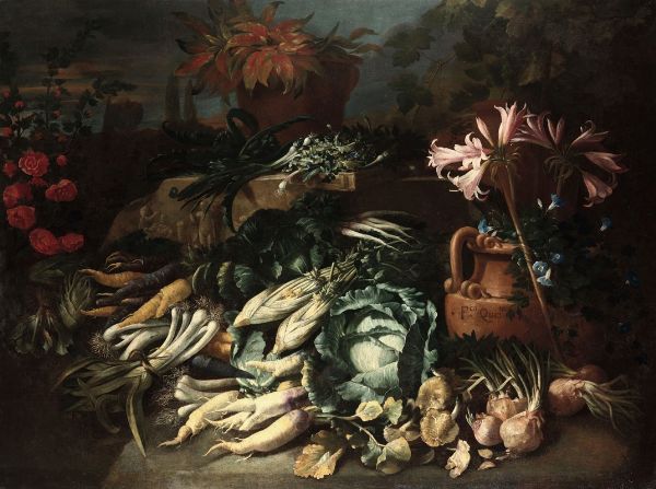 Della Questa Francesco : Natura morta con ortaggi e vasi di fiori  - Asta Dipinti Antichi - Associazione Nazionale - Case d'Asta italiane