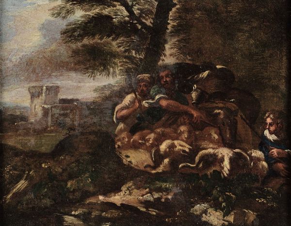 Castiglione Giovanni Benedetto detto il Grechetto : Paesaggio con pastori e armenti  - Asta Dipinti Antichi - Associazione Nazionale - Case d'Asta italiane