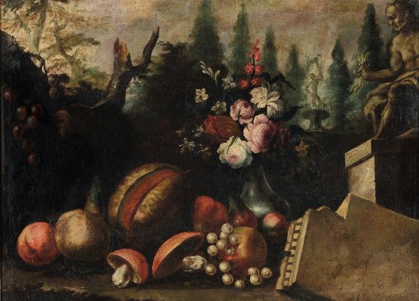 Lavagna Giuseppe : Natura morta con rovine, fiori e frutta  - Asta Dipinti Antichi - Associazione Nazionale - Case d'Asta italiane
