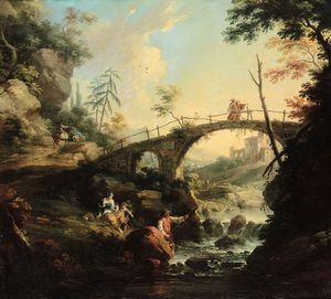 Cignaroli Vittorio Amedeo : Paesaggio con ponte e un pescatore  - Asta Dipinti Antichi - Associazione Nazionale - Case d'Asta italiane
