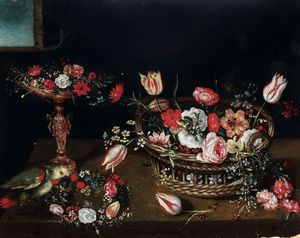 Jan Van Kessel - Cesto e alzata di fiori con pappagallino