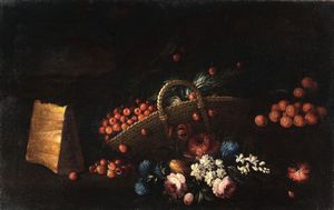 Natura morta con cesto di ciliegie, fiori e formaggio  - Asta Dipinti Antichi - Associazione Nazionale - Case d'Asta italiane