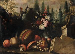 Lavagna Giuseppe - Natura morta con rovine, fiori e frutta