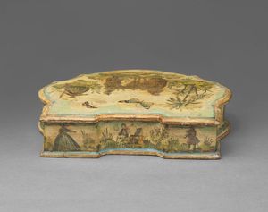 MANIFATTURA VENEZIANA DEL XVIII SECOLO - Scatola in legno laccato ad arte povera con scene di paesaggio, personaggi e farfalle.