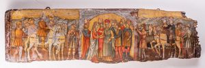 MANIFATTURA ITALIANA DEL XV SECOLO - Frammento di cassone matrimoniale in legno dipinto in policromia.
