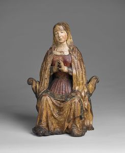 SCULTORE VENETO DEL XV SECOLO - Madonna assisa in trono in legno policromo e dorato.