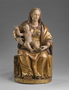 SCULTORE VENETO DEL XV SECOLO - Madonna con Bambino in legno policromo e dorato.