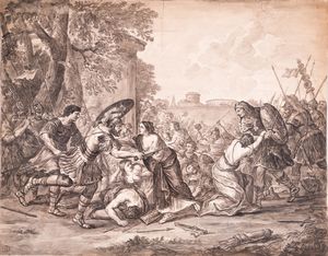 ARTISTA FRANCESE DEL XVIII SECOLO - Le sabine che arrestano il combattimento tra Romani e Sabini.
