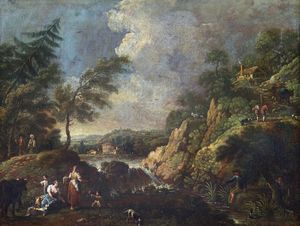 ZAIS  GIUSEPPE (1709 - 1784) - Attribuito a. Paesaggio fluviale con cascatella e lavandaie.