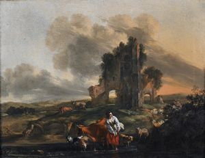 ARTISTA DEL XVII SECOLO - Paesaggio con armenti, rovine e figura.