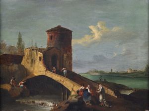 ARTISTA VENETO DEL XVIII SECOLO - Paesaggio con ponte e viandanti.