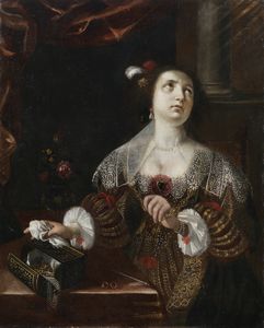 ARTISTA EMILIANO DEL XVII SECOLO - Ritratto di donna con confanetto di gioielli (Allegoria della Vanit).