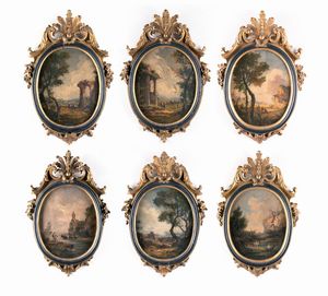 ARTISTA VENETO ATTIVO FRA  XVIII E XIX SECOLO - Gruppo di sei dipinti raffiguranti paesaggi con figure.