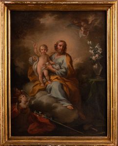 ARTISTA ROMANO DEL XVIII SECOLO - San Giuseppe col Bambino e angeli.