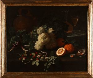 PITTORE DEL XVII SECOLO - Coppia di dipinti: Natura morta di frutta e Natura morta con oggetti in ceramica.