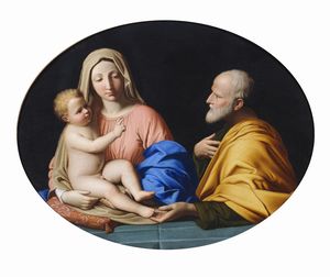 GIOVANNI BATTISTA SALVI DETTO IL SASSOFERRATO (1609 - 1685) - Seguace di. Madonna con Bambino e santo.