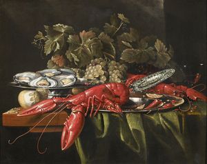 COOSEMANS ALEXANDER (1627 - 1689) - Natura morta con uva, limone, ostriche e crostacei.