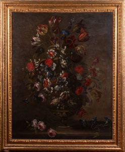 FRANCESCO CALDEI detto FRANCESCO MANTOVANO (1630 - 1663) - Attribuito a. Natura morta di fiori in un vaso istoriato.