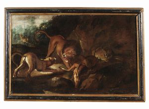 SCORZA SINIBALDO (1589 - 1631) - Attribuito a. Scena di caccia con leone, tigre e puma.