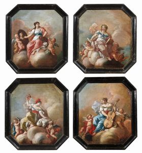 ARTISTA NAPOLETANO DEL XVIII SECOLO - Gruppo di quattro dipinti rappresentanti l'allegoria della arti.